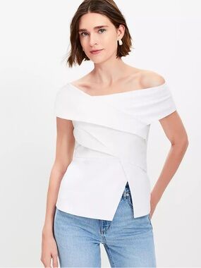 LOFT White Off-Shoulder Wrap Blouse